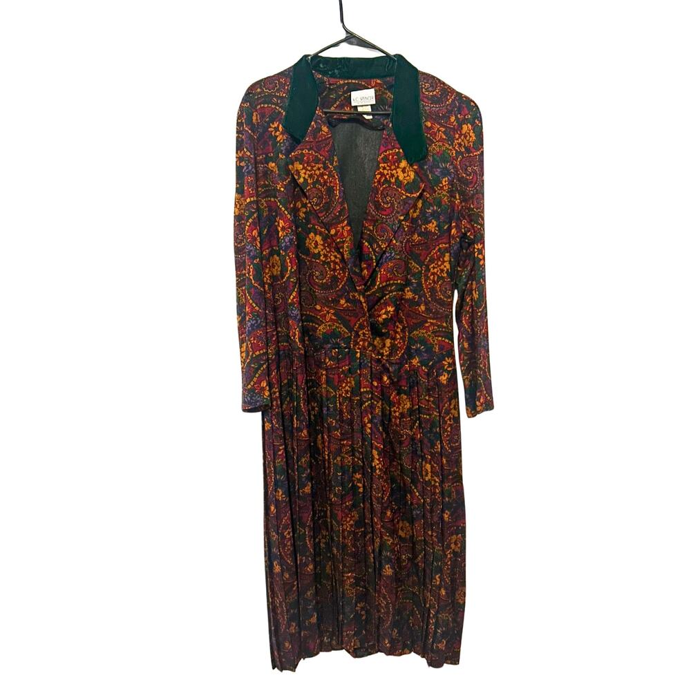 Vintage KC Spencer NWT Paisley Pleated Maxi Dress 12 USA Velvet Trim Rayon